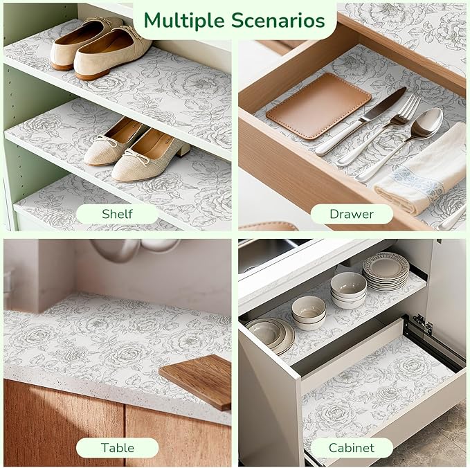 Floral Drawer and Shelf Liner for Kitchen, Non-Slip Non-Adhesive Cabinet Liners for Cupboard, Dresser, Shelves, Tool Box, Pantry, Thickened Easy Install, Strong Grip, 11.8In x 20FT, Rose - Image 8