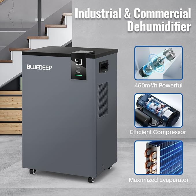 BLUEDEEP 190 Pints Commercial Dehumidifier with 6.56ft Drain Hose and 1.75 Gallon Water Reservoir, Water Damage Restoration Dehumidifier, for Basements, Industrial or Commercial Spaces and Job Sites - Image 5