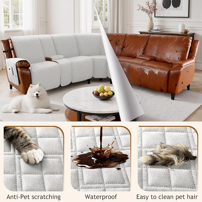 Arfntevss Waterproof Recliner Sectional Couch Covers for Reclining L Shape Sofa Cover Non Slip Washable L Shaped Slipcover Sets for Dog Furniture Protector (5 Seat with 2 Console Cover, Pale Gray) - Image 6