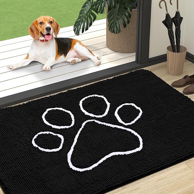 OLANLY Dog Door Mat for Muddy Paws 47x32, Paw Print Design, Absorbs Moisture and Dirt, Absorbent Non-Slip Washable Doormat, Quick Dry Chenille Mud Mat for Dogs, Entry Indoor Entryway Carpet, Black by OLANLY