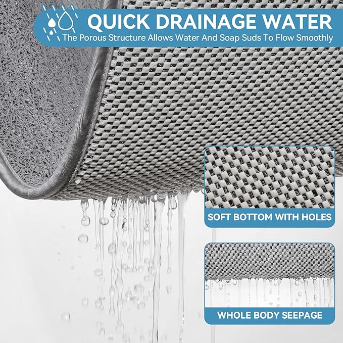 Non Slip Shower Mat Bathtub Mat 16x24 Inch, Quick Dry Bath Mat with Drain, Soft PVC Imitation Loofah Foot Scrubber Bath Mats for Bathroom Tub Shower Floor, Hangable & Hook Included, Gray - Image 5