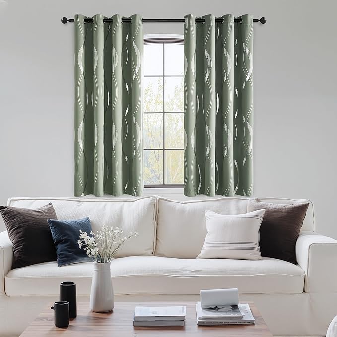 NICETOWN 100% Blackout Greyish Green Blackout Curtain Panels for Bedroom 72 inch Long, Thermal Insulated Wave Line Foil Print Design Drapes for Patio Sliding Glass Door, 52" x 72", 2 Panels - Image 4