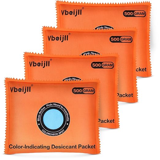 500 Gram (4 Pack) Color-Indicating Desiccant Packs for Storage, Rechargeable Silica Gel Packets, Dehumidifier for Cars, Gun Safe, 3D Filaments, Safe, Electronics by Vbeijll