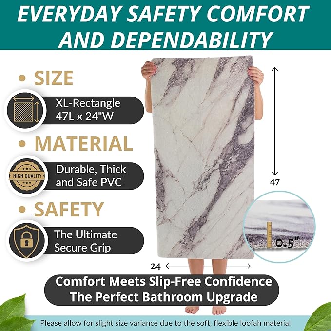 Anti Slip Shower Mat - Non Slip Shower Mats for Inside Shower - Large 47x24 Loofah Shower Floor Mat Non Slip - Bath Mat for Shower - Secure Mat Without Suction Cups (47x24 Marble Grey) - Image 3