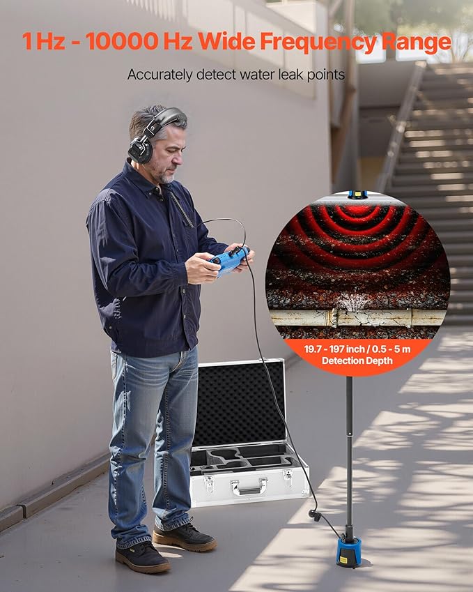 VEVOR Pipe Water Leak Detector with 4 Sensors, 1Hz-10000Hz, 7" Touchscreen Underground Plumbing Leakage Detection Locator with 3 Listening Rods, Headphones, 8GB Card & Carry Case for Indoors Outdoors - Image 2