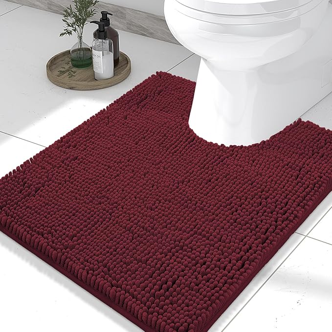 Smiry Luxury Chenille Toilet Rugs U-Shaped 24x20, Soft Absorbent Non-Slip Contour Bathroom Rugs for Toilet, Machine Washable Contoured Bath Mats, Burgundy by Smiry