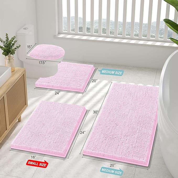 Smiry Luxury Chenille Bathroom Rugs 47x20, Extra Soft and Absorbent Shaggy Bath Mat, Machine Washable, Non-Slip Plush Carpet Runner for Tub, Shower, and Floor, Home Decor Accessories, Pink - Image 2