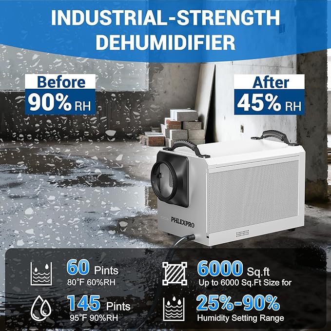 145 Pint Commercial Dehumidifier with Drain Hose for Crawl Spaces, Basements, Industry Water Damage Unit Restoration for up to 6000 Sq.Ft, Auto Defrost, Memory Starting, white(Gift Directional Wheels) - Image 2