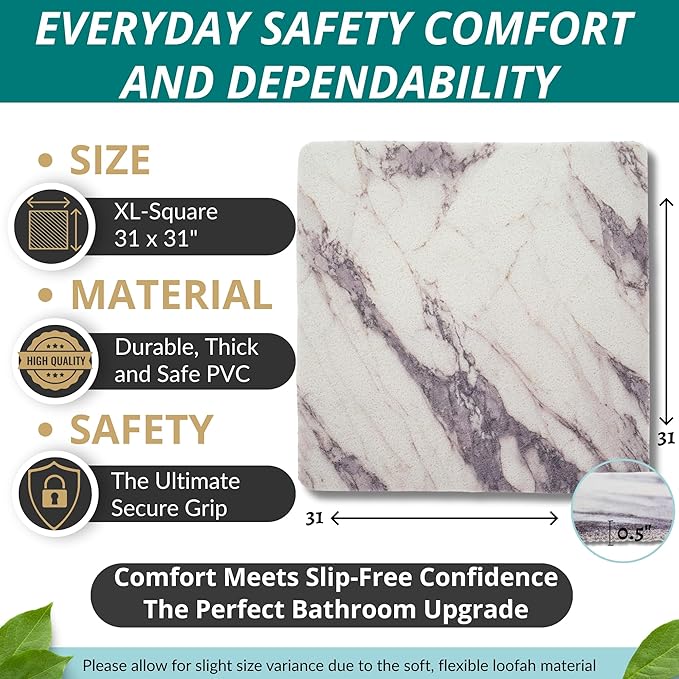 Extra Large Square Shower Mat Non Slip - Soft Loofah Mat - Bathroom Shower Mat Stall - Shower Mat Square - No Slip Shower Mats - Shower Floor Mat - Square Shower Mats for Showers (Gray Marble 31x31) - Image 3