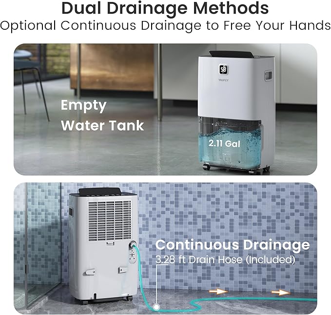 Yaufey 150 Pints Energy Star Dehumidifier for Home, Basement and Large Room up to 7000 Sq. Ft., with Drain Hose, Timer, Intelligent Humidity Control and Large Water Tank - Image 5