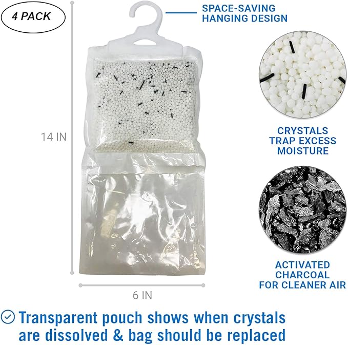 4 Pack Moisture Absorber Hanging Bags, Boat Dehumidifier with Charcoal, Unscented, Removes Dampness and Musty Odors, Ideal for Basement, Closet, Home, Car, RV, and Boating - Image 2
