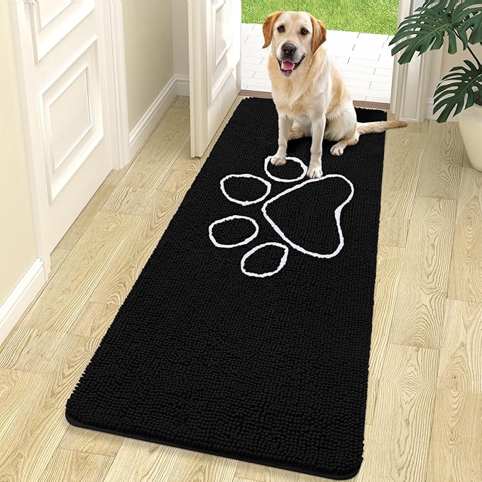 OLANLY Dog Door Mat for Muddy Paws 70x24, Paw Print Design, Absorbs Moisture and Dirt, Absorbent Non-Slip Washable Doormat, Quick Dry Chenille Mud Mat for Dogs, Entry Indoor Entryway Carpet, Black by OLANLY