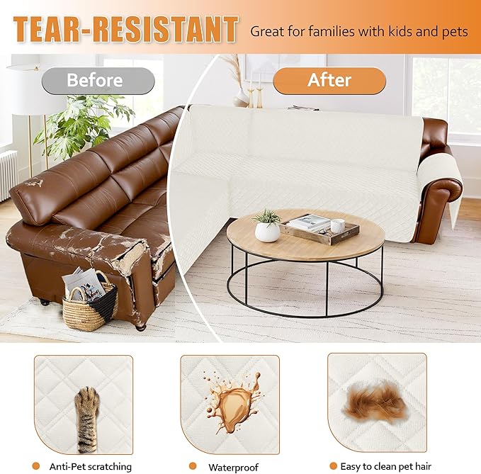 Arfntevss Waterproof Sectional Couch Covers L Shape Washable Velvet Sofa Cover for Sectional Non Slip Large Corner Slipcovers Dog 6 Pcs Universal U Shaped Furniture Protector (Ivory, XX-Large) - Image 7