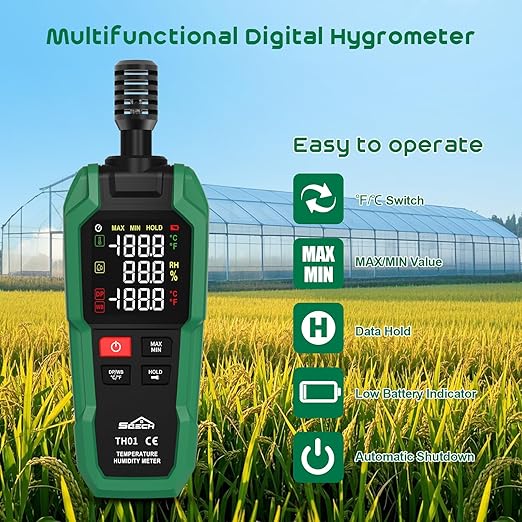 Temperature Humidity Meter, SQECH Digital Hygrometer with Ambient Thermometer,Dew Point,Wet Bulb,Flashlight,Max/Min,Data Hold,High Precision Psychrometer Monitor with Color Backlight for Home HVAC - Image 6