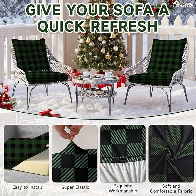 8Pcs High Elastic Sofa Seat Cushion Cover for Christmas, Reusable Print Green Checked Stretch Couch Cushion Slipcover for Outdoor Furniture Protector Replacement,Soft & Comfortable for Winter - Image 3