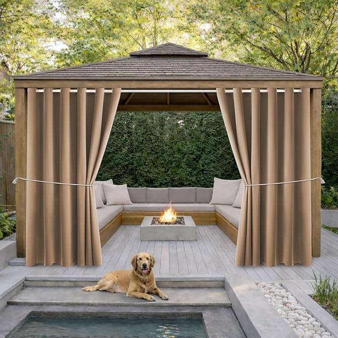 Waterproof Outdoor Curtain W84 x L120 - Grommet Top Sunlight Blocking Window Treatment Drapes Blackout Curtains for Home Bedroom Living Room Patio Pergola Cabana Gazebo (Camel Brown, 2 Panels) by DivaenCamino