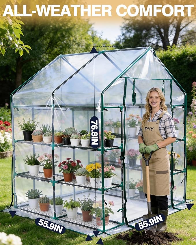 PYY Walk in Greenhouse - Indoor Greenhouse with Grow Lights, Roll-Up Zipper Entry Door and PVC Cover, 3 Modes Light with Loop Timer for 24 H, Plant Garden Hot House for Outdoor(56.3"L×56.3"W×76.8"D) - Image 4