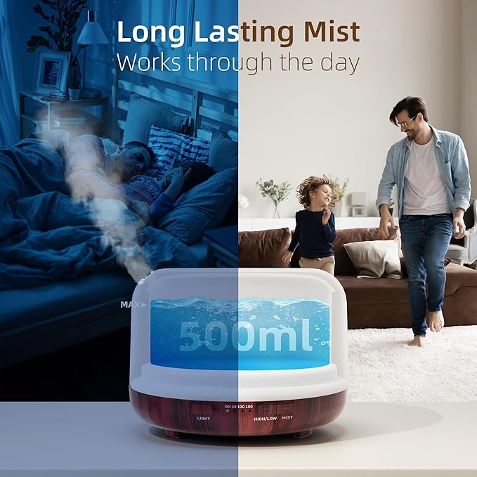 ASAKUKI Essential Oil Diffuser for Home, 500ml Aromatherapy Fragrant Oil Humidifier Vaporizer, 7-Color Light and Auto-Off Safety Switch (Reddish-Brown) - Image 2