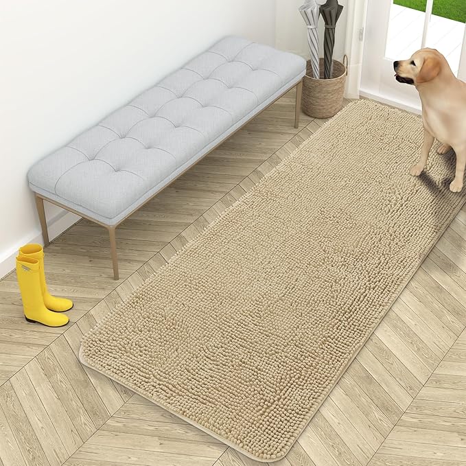 OLANLY Dog Door Mat for Muddy Paws 59x24, Absorbs Moisture and Dirt, Absorbent Non-Slip Washable Doormat, Quick Dry Chenille Mud Mat for Dogs, Entry Indoor Entryway Carpet for Inside Floor, Beige by OLANLY