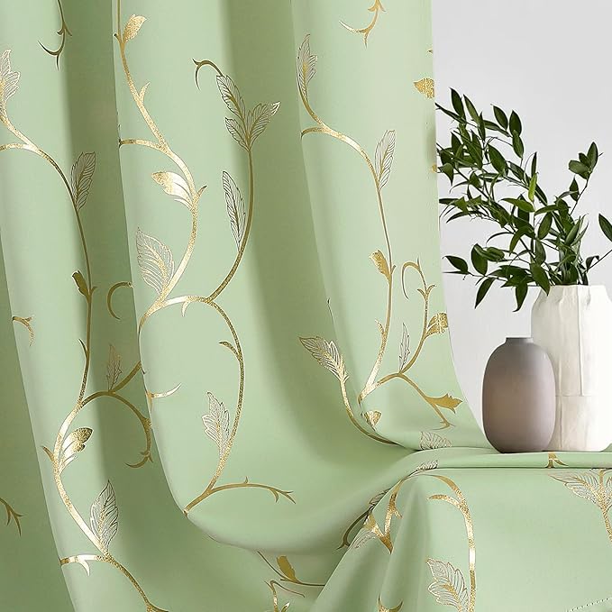 BUHUA Blackout Curtains Gold Foil Print Flower Vine Grommet Drapes, Room Darkening Thermal Insulated Curtains, Noise Reducing Curtain for Bedroom, Grass Green, 52Wx63L, 2 Panels - Image 4