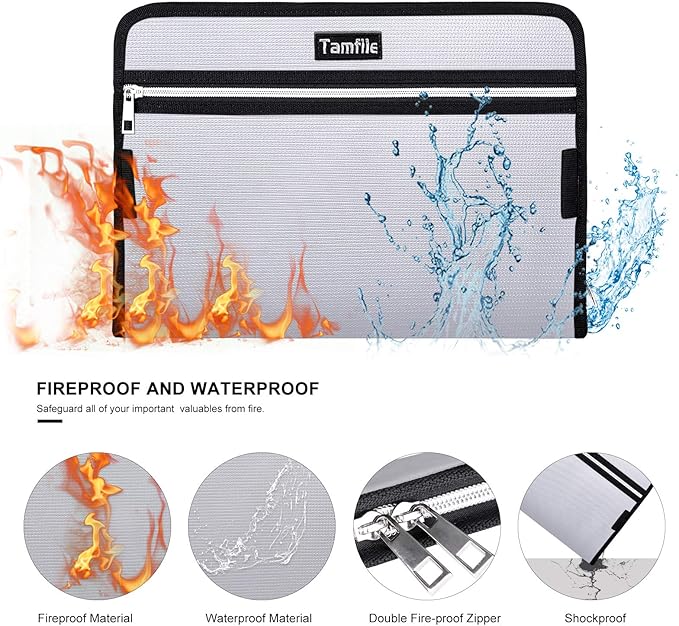 Fireproof Safe Waterproof Accordion File Bag Folder Expanding Filing Folder with 14 Multicolored Pockets, A4 Letter Size, Document Organizer Holder and Color Labels /2 Zipper (Silver 14.3" x 9.8") - Image 3