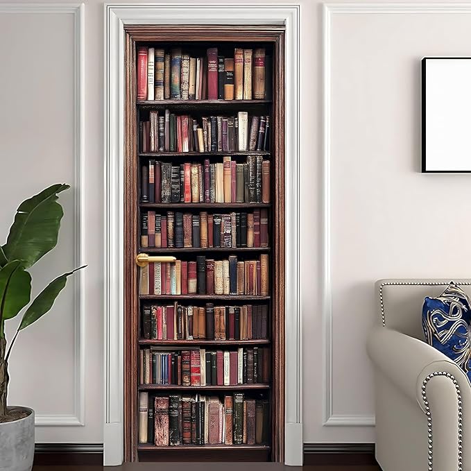 3D Door Stickers, Peel and Stick Vinyl Wallpaper ，Self-Adhesive Mural for Home Decor 30.3" W x 78.7" H (Bookshelf New, 30.3" W x 78.7" H) - Image 2