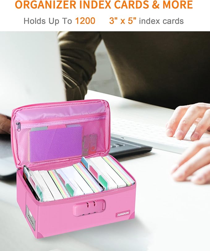 JUNDUN Index Card Holder with Lock,Collapsible Fireproof Index Card Box fits 1200 3x5-Inch Flash Cards - Business, Recipe, or Note Card Storage Boxes - Pink - Image 3