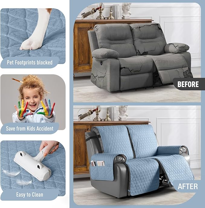 TAOCOCO 100% Waterproof Recliner Cover, Non-Slip Washable Reclining Couch Cover with Elastic Leg Straps, Furniture Protector for Dogs (Sky Blue, 2 Seater) - Image 2
