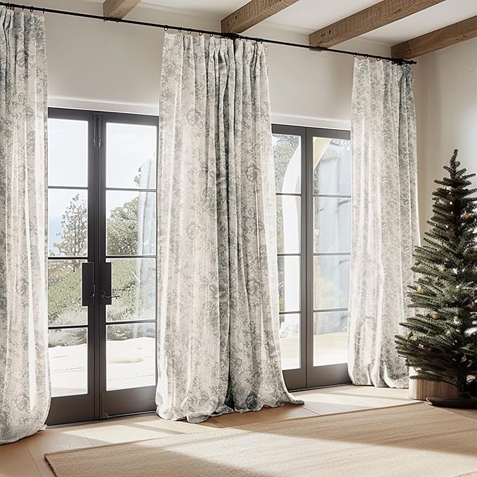 jinchan Linen Blend Curtain Floral Curtains for Living Room 108 Inch Length Grey Printed Curtain Rod Pocket Back Tab Farmhouse Peony Flower Patterned Drapes Bedroom Window Curtains Set 2 Panels - Image 2