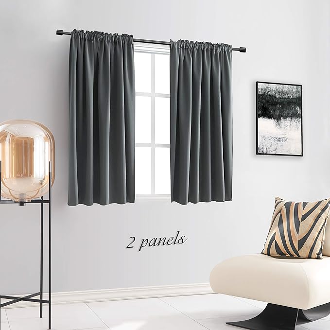 DONREN 48 Inch Length Grey Blackout Curtains for Bedroom - Small Window Treatment Rod Pocket Curtain Drapes (Medium Grey,Set of 2 Panels,52 W x 48 L) - Image 2