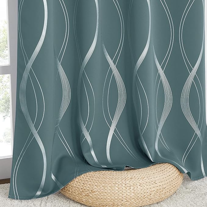 NICETOWN Blackout Curtains Panels for Living Room, Greyish Blue, 52" Wide x 84" Long, 2 Panels, Sound Reducing Thermal Insulated Wave Line Foil Print Design Curtains for Patio Sliding Glass Door - Image 5