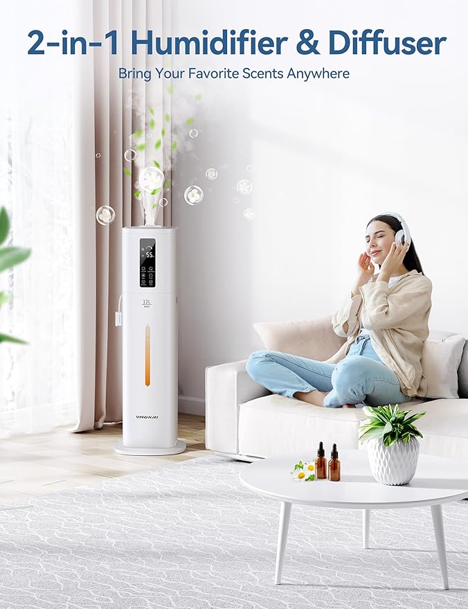 VAGKRI 12L Large Room Humidifier, 120H Long Lasting Cool Mist, 3 Mist Levels, Auto Humidity Adjustment, Top Fill Design with Essential Oil Tray for Bedroom, Home, Plants, Baby - Image 6