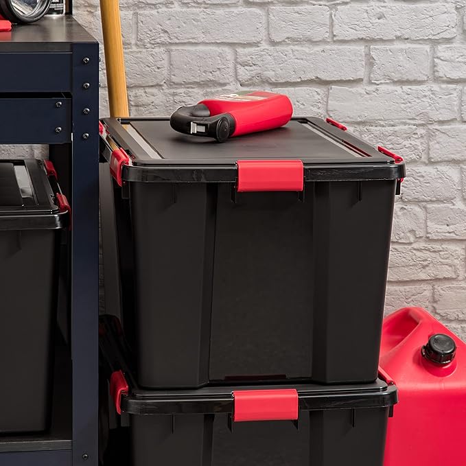 IRIS USA WeatherPro 74 Qt Storage Bins with Lids, 3 Pack, BPA-Free Plastic Gasket Box with Tight Latch and Seal, Stackable Nestable Tote Tub - Black/Red - Image 4