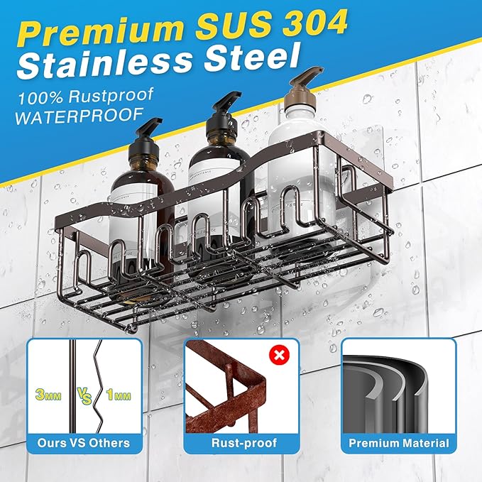 EUDELE 5-Pack Rustproof Stainless Steel Shower Caddy Set– No Drill Adhesive Bathroom Organizer, Space-Saving Shower Shelves for Apartment Essentials, Bathroom/Kitchen Storage Home Decor-L Size - Image 5