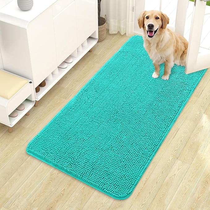 OLANLY Dog Door Mat for Muddy Paws 44x24, Absorbs Moisture and Dirt, Absorbent Non-Slip Washable Doormat, Quick Dry Chenille Mud Mat for Dogs, Entry Indoor Entryway Carpet for Inside Floor, Teal by OLANLY