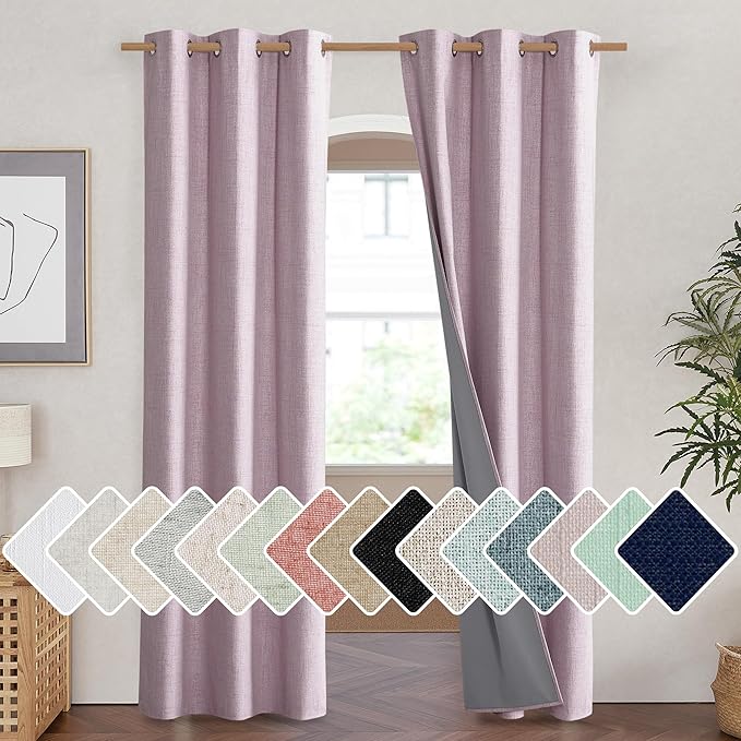 NICETOWN Pink Vintage Linen 100% Blackout Curtains for Living Room, Thermal Insulated Curtains 84" Long, Noise Reducing Window Treatment Drapes for Hall Room, 42" Wide Per Panel, Set of 2 by NICETOWN