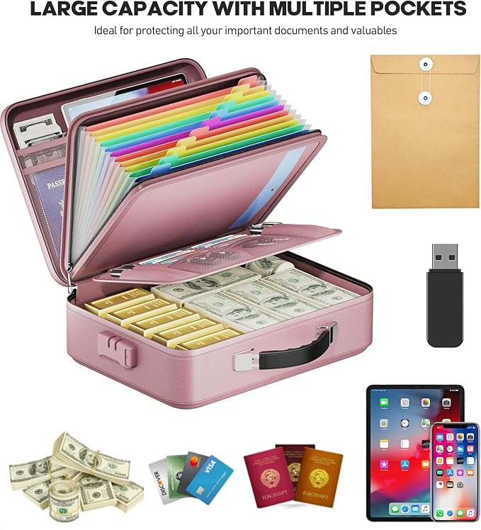 Fireproof Document Box, Hard Case Highly Flame-Resistant Fire Proof Waterproof File Organizer with Lock, Portable Fire Safe for Important Documents & Valuables Storage (Pink, ‎14"*11"*5") - Image 3