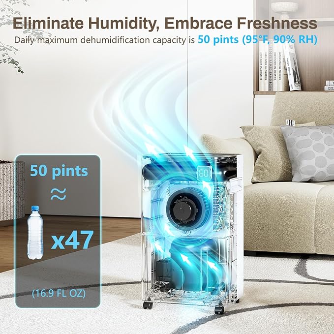 50 Pint Dehumidifier for Home, Basement with Drain Hose, 3500 Sq.Ft Dehumidifier, Ultra-Quiet for Bedroom - Intelligent Humidity Control - 24 Hour Timer. - Image 2