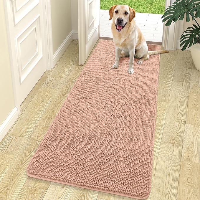 OLANLY Dog Door Mat for Muddy Paws 70x24, Absorbs Moisture and Dirt, Absorbent Non-Slip Washable Doormat, Quick Dry Chenille Mud Mat for Dogs, Entry Indoor Entryway Carpet for Inside Floor, Peach by OLANLY