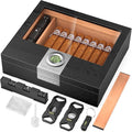 TISFA Cigar Humidor Box Cigar Accessories Set, Includes V Cutter, Straight Cutter, Hole Punch, Digital Hygrometer, Adjustable Humidifier, Divider, Cedar Wood Desktop Humidor Airtight Cigar Case by TISFA