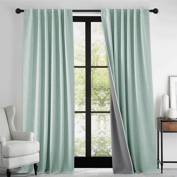 RYB HOME 100% Blackout Linen Textured Curtains 90 inches Long, Thermal Insulating Privacy Energy Saving for Bedroom Living Room Window Office Theater Baby Nursery, W 52 x L 90 in, Aqua, 2 Panels - Image 2