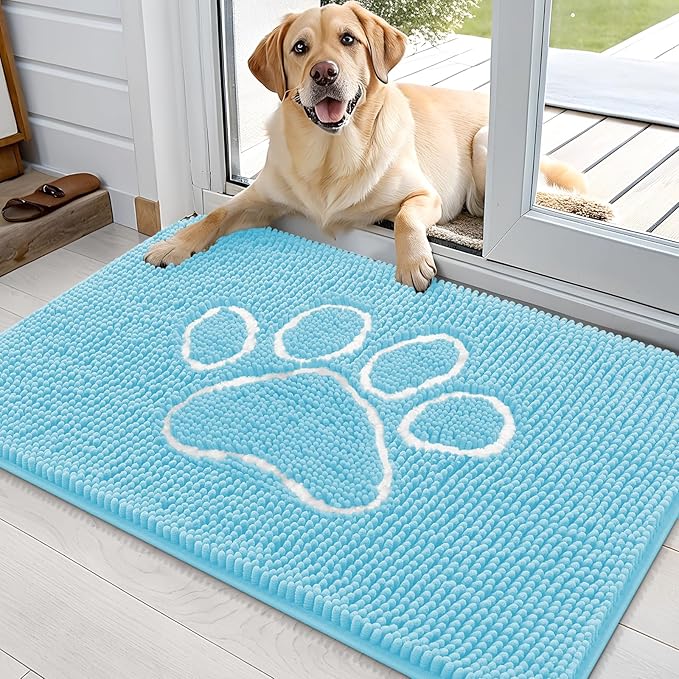OLANLY Dog Door Mat for Muddy Paws 36x24, Paw Print Design, Absorbs Moisture and Dirt, Absorbent Non-Slip Washable Doormat, Quick Dry Chenille Mud Mat for Dogs, Entry Indoor Entryway Carpet, Blue by OLANLY
