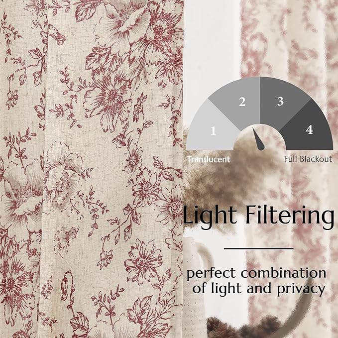 jinchan Lined Linen Blend Curtain Floral Curtains for Living Room 84 Inches Long Farmhouse Red Flower Printed Curtain Rod Pocket Back Tab Peony Patterned Drapes Curtains Set 2 Panels - Image 4