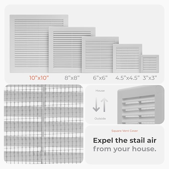 5-Pack 12" x 12" (Outer Size) Square Air Vent Cover – White Plastic Vent Deflector - Screen Mesh, Surface Mount Wall Ceiling – Cold Air Return Soffit Air Vent Cover - Register Indoor Outdoor - Image 3