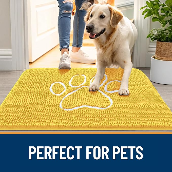 OLANLY Dog Door Mat for Muddy Paws 48x30, Paw Print Design, Absorbs Moisture and Dirt, Absorbent Non-Slip Washable Doormat, Quick Dry Chenille Mud Mat for Dogs, Entry Indoor Entryway Carpet, Yellow - Image 6