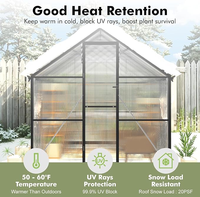 10X12FT Greenhouse with Electronic Thermometers, Green Houses for Outside Heavy Duty with Aluminum Frame Withstands Strong Wind or Snow, Large Walk-in Greenhouse for Backyard or Garden Use - Image 6
