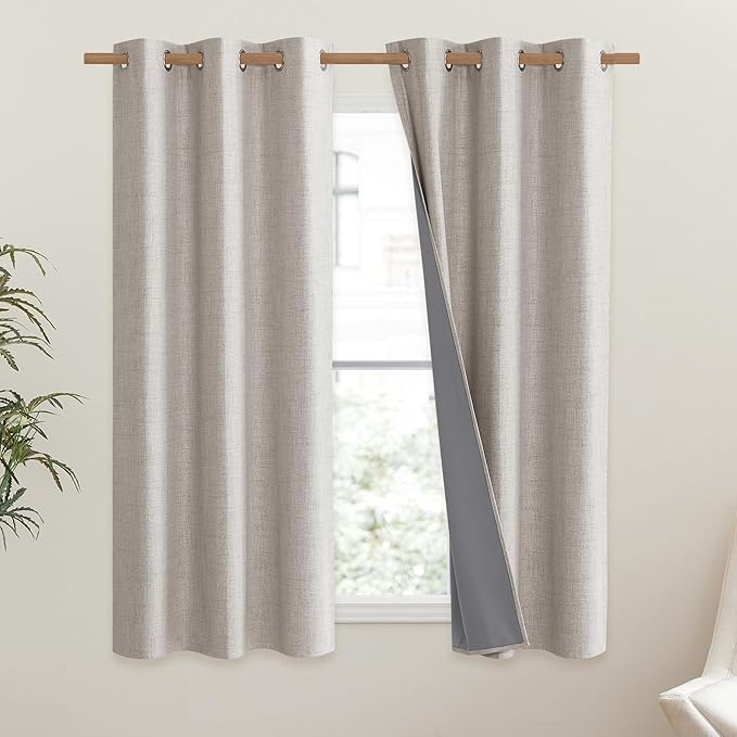 NICETOWN Brich Vintage Open Linen Weave Flax Thermal Curtains, 100% Blackout Curtains 63" Long for Dining Room, Soundproof Window Treatment Drapes for Gym Room, 42" Wide Per Panel, Set of 2 - Image 2