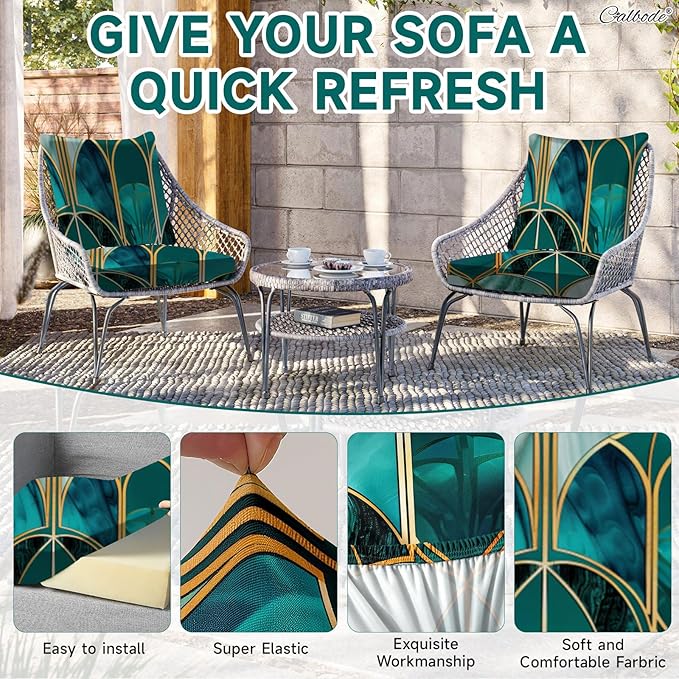 12Pcs Stretch Patio Cushion Cover, Art Deco Geometric Pattern Couch & Sofa Slipcovers for Patio Furniture Cushions Washable Reusable Couch Covers Replacement for All Season(Green, Cover Only) - Image 5
