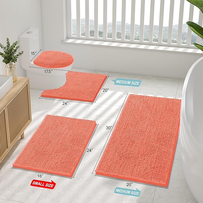 Smiry Luxury Chenille Bathroom Rugs 47x17, Extra Soft and Absorbent Shaggy Bath Mat, Machine Washable, Non-Slip Plush Carpet Runner for Tub, Shower, and Floor, Home Decor Accessories, Coral - Image 2