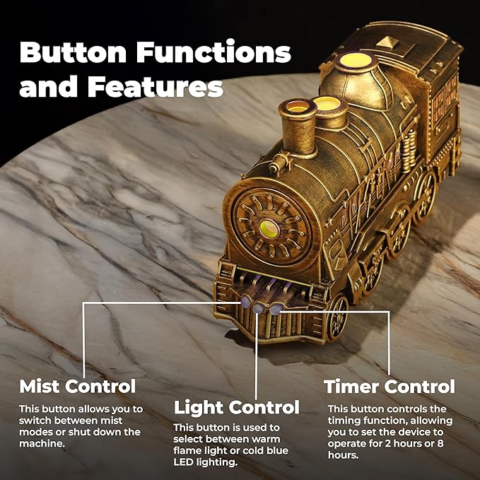 OMEO Gold Small Train Aromatherapy Humidifier & Essential Oil Diffuser - Dual Mist, Quiet Ultrasonic, 300ML Tank, Remote Control, LED Light, Air Purifier for Home, Office, and Bedroom Use - Image 4